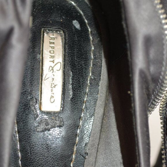 Report Gray Satin Leather & Zipper Ruffle Platform Modern Mod Stilettoes Heels 7 - Picture 9 of 12